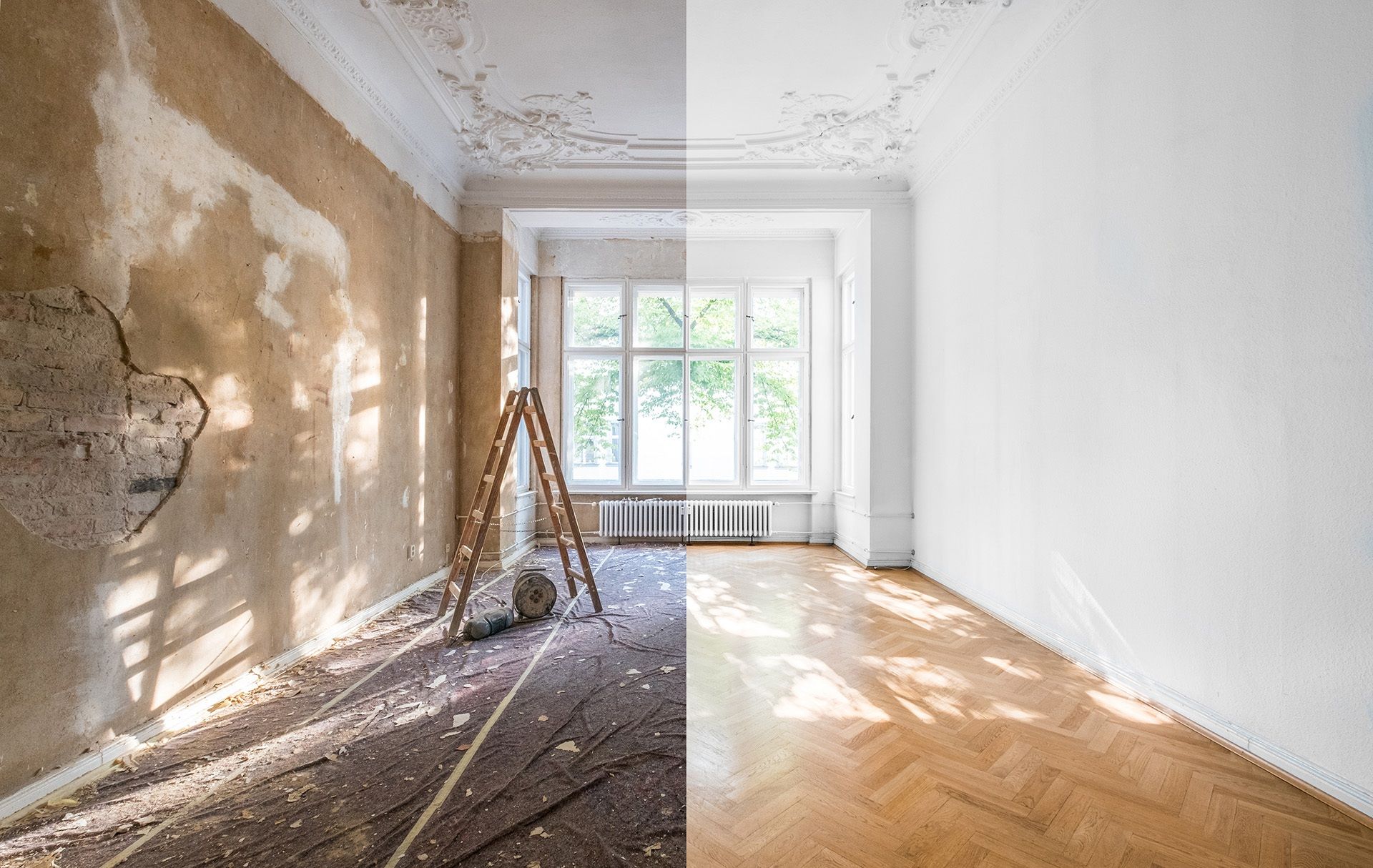 Ein Raum vor und nach der Renovierung