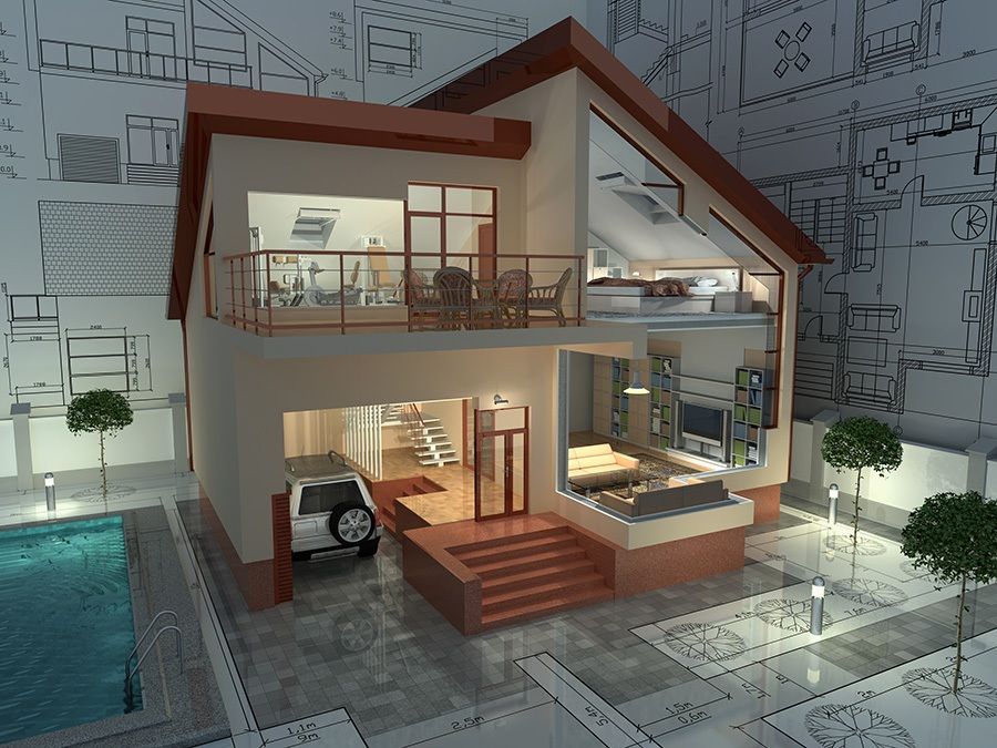 3D-Modell eines Hauses in einem Raum mit Planungsskizzen
